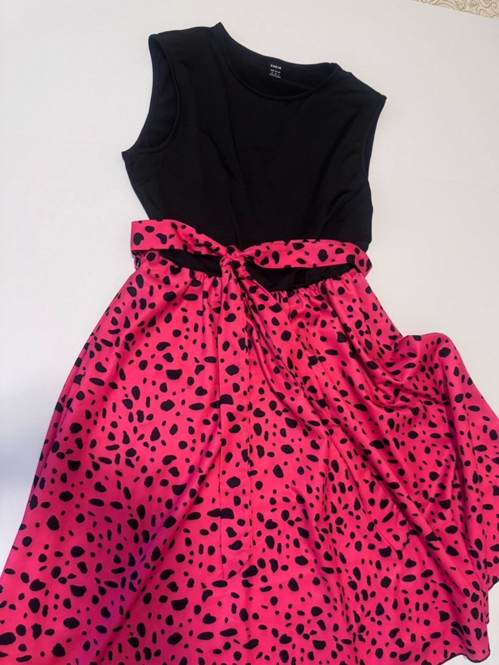 Retro Pin Up Polka Dot Midi Dress Pink Black Belted Rockabilly Swing Medium